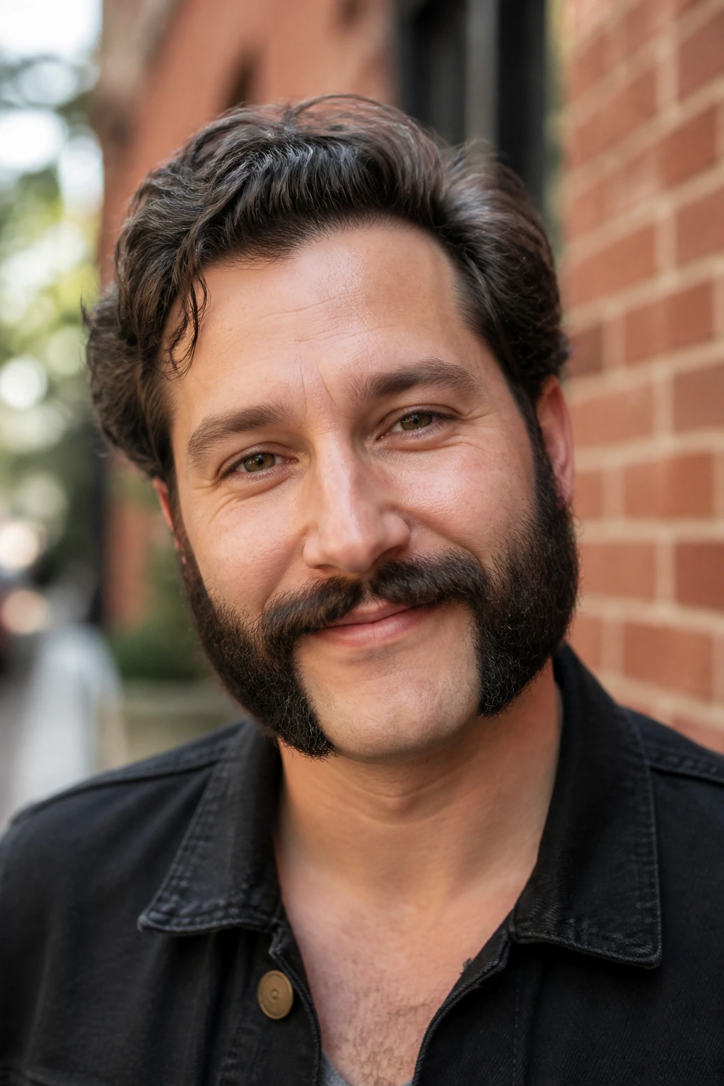 Close-up of a man with friendly mutton chops and connected mustache
