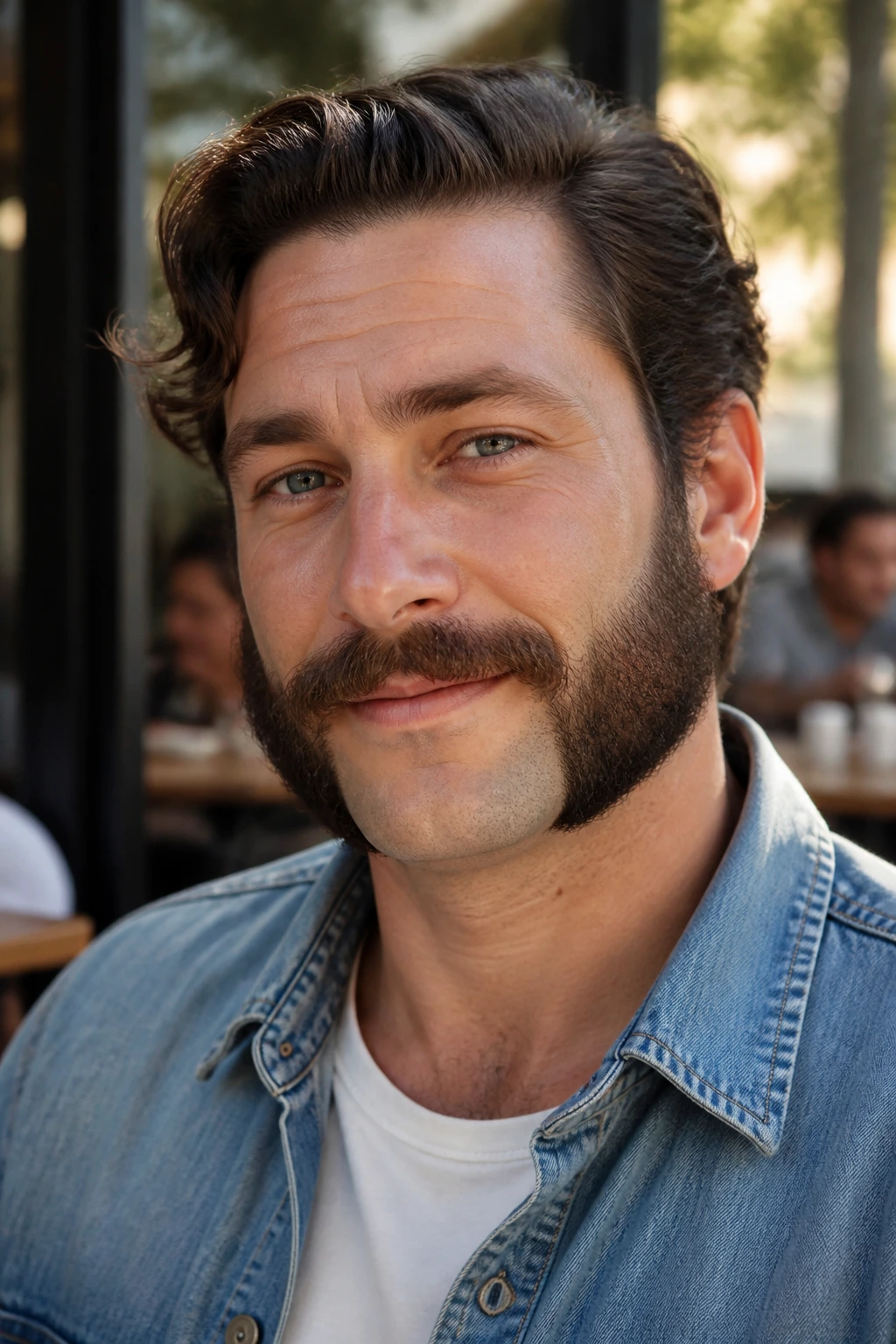 Portrait of a man with friendly mutton chops connected to a mustache in outdoor cafe lighting