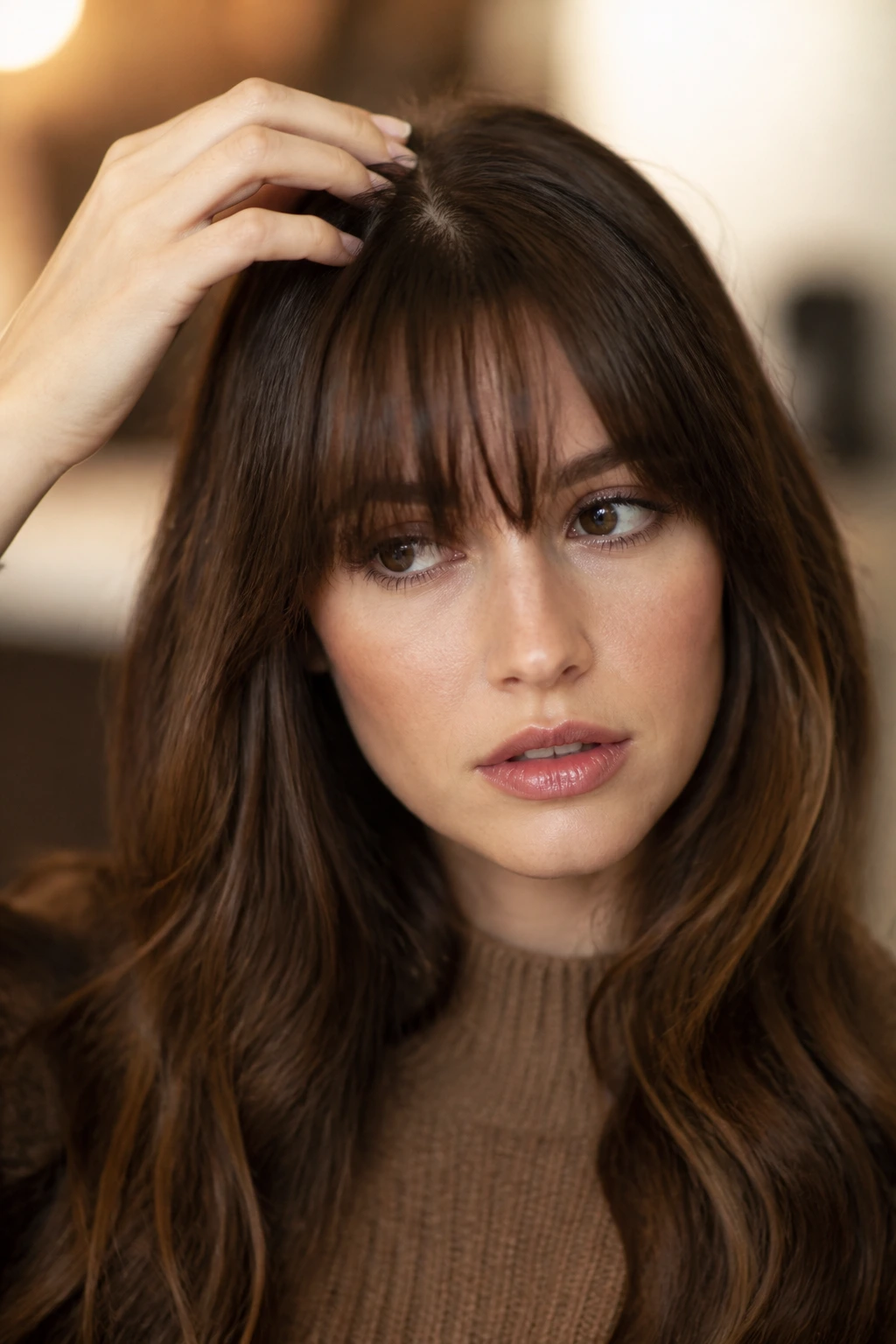 Close-up of fringe being adjusted to look intentional