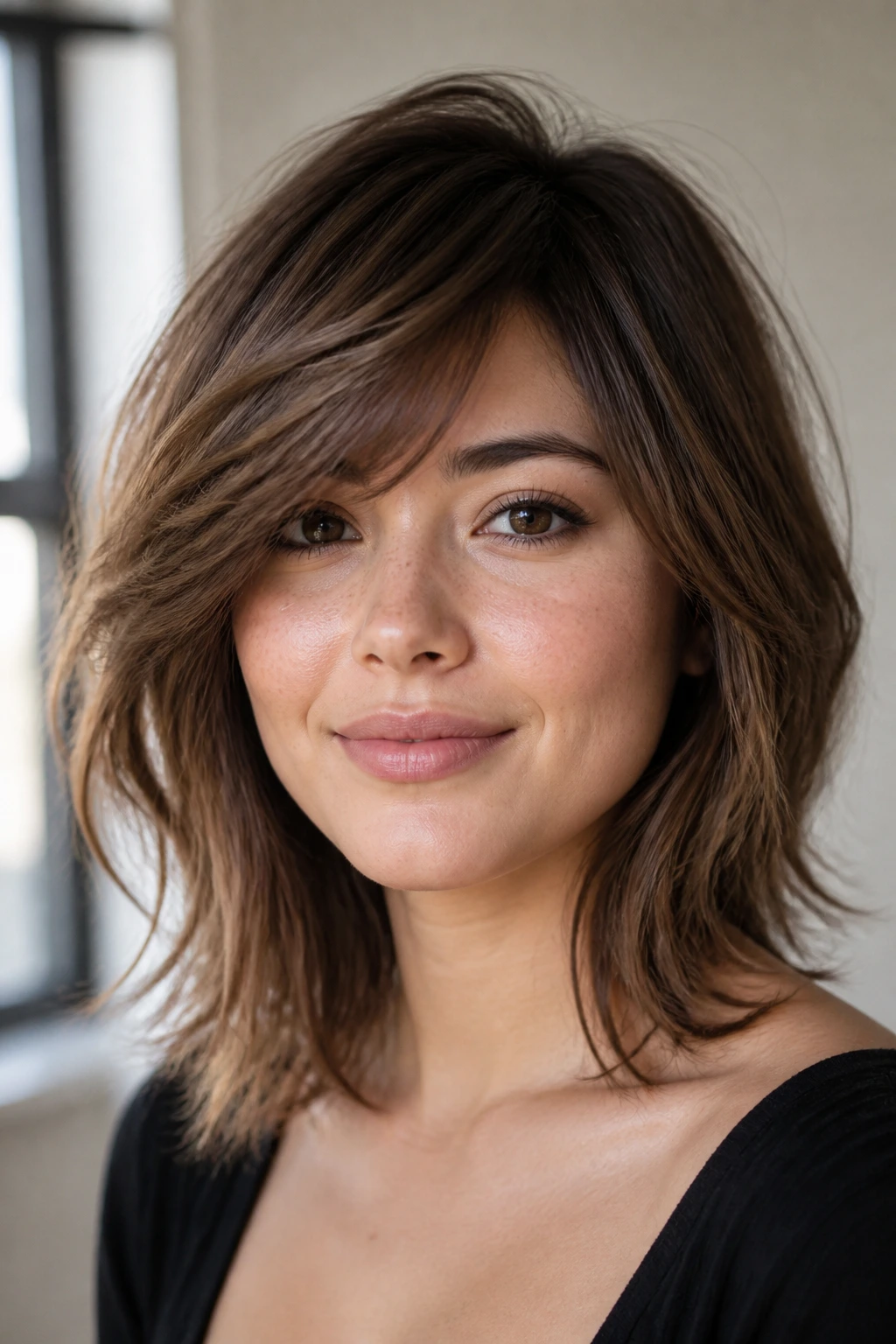 Real person with side-swept fringe on a side-part shag