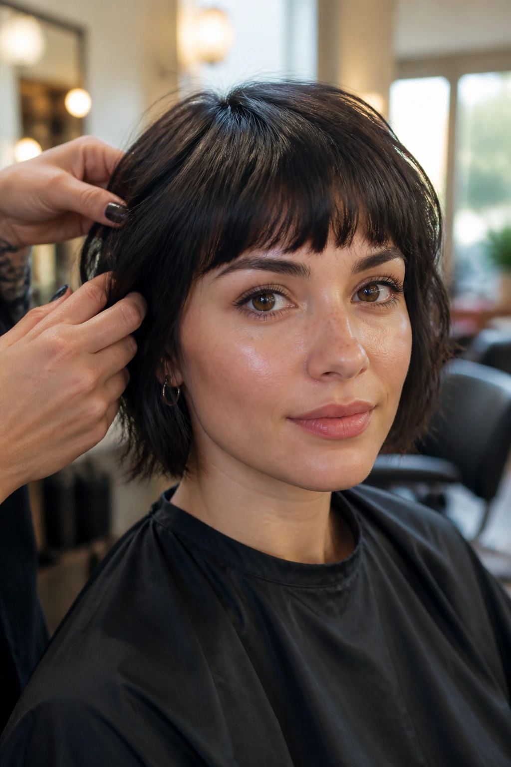 Close-up of a real woman with a right fringe above the eyebrows in a salon setting