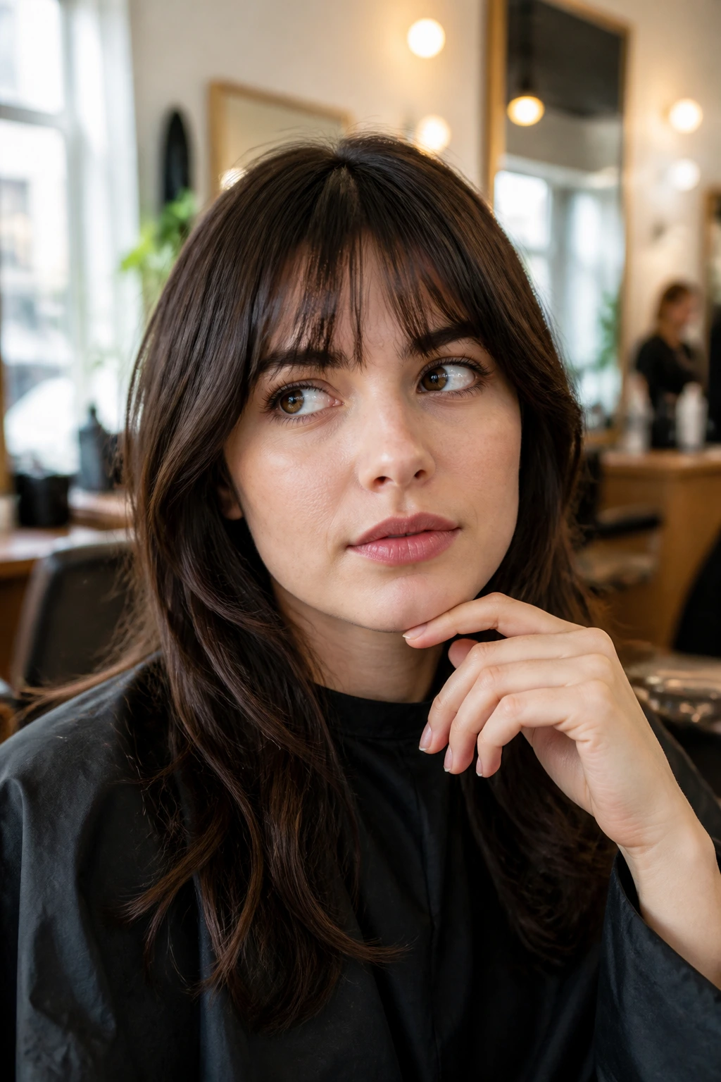 Close-up portrait of a woman in a salon chair contemplating fringe bangs for a round face