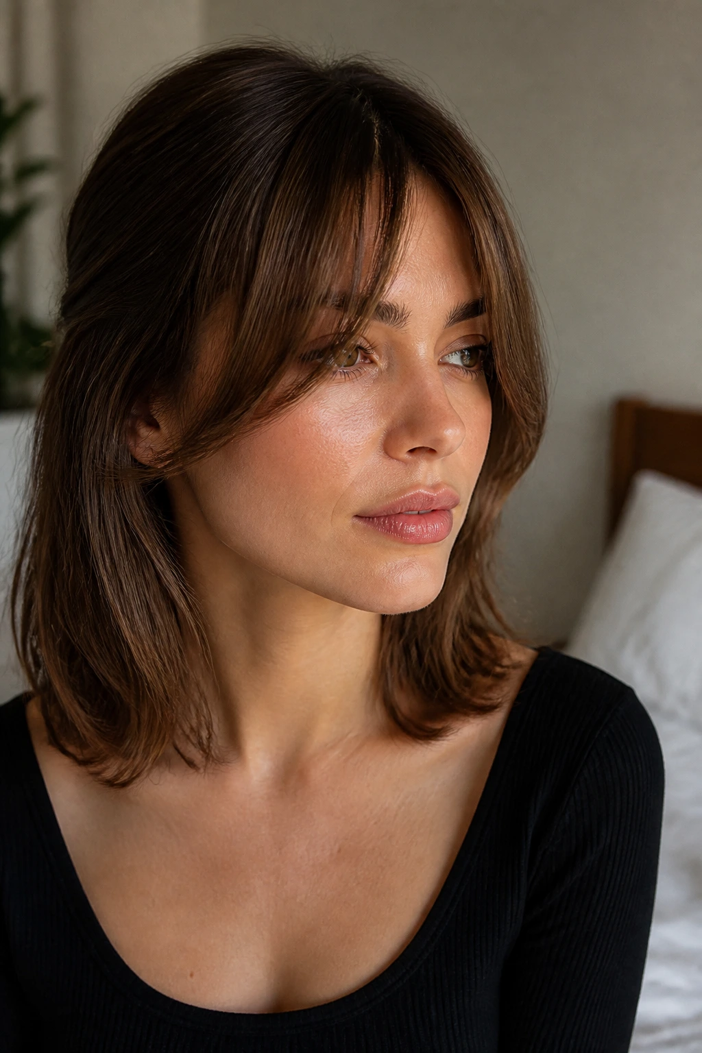 Close-up of a real woman with cheekbone-length fringe under natural window light