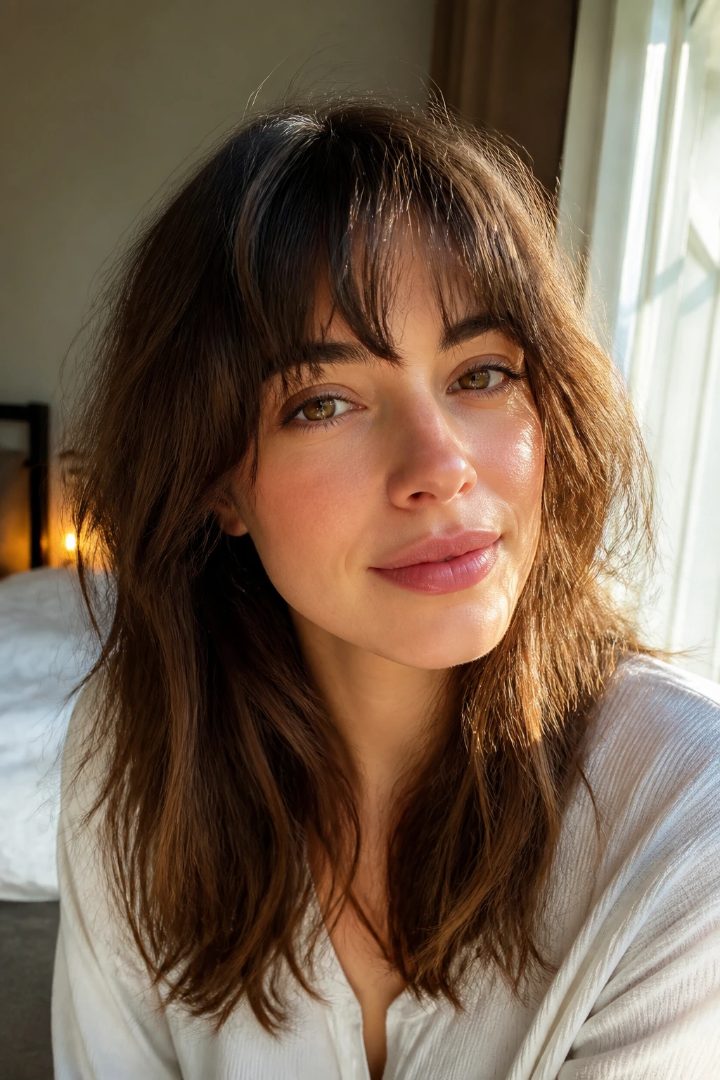 Close-up of a real woman with soft bend fringe in sunlit bedroom