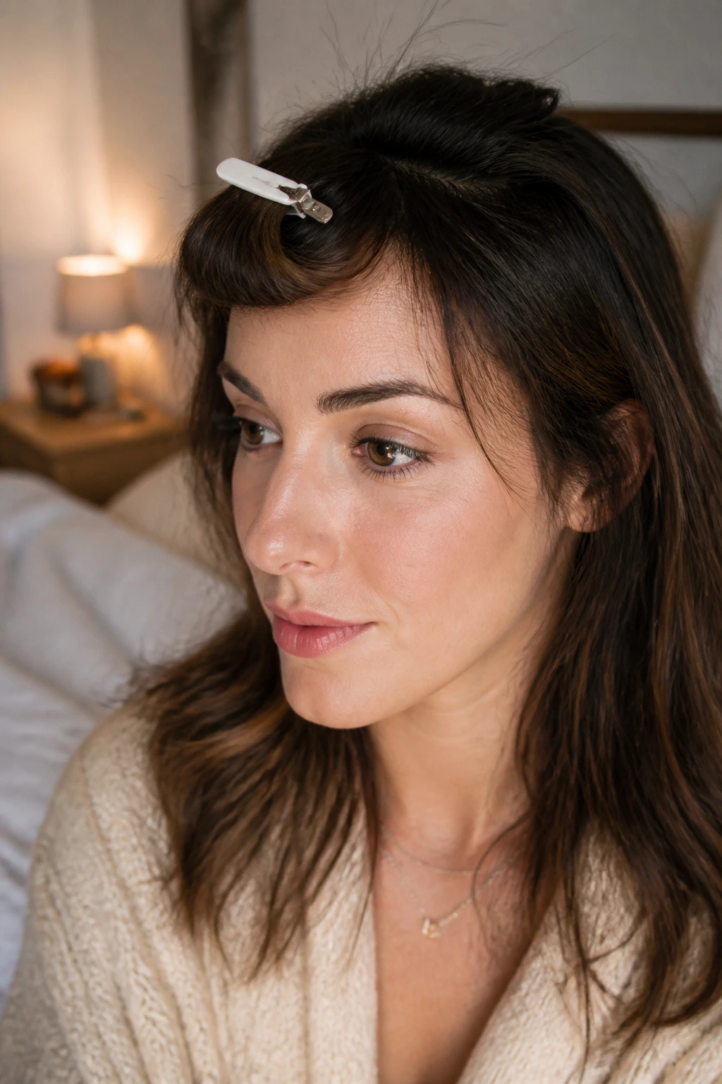 Fringe clipped away from the face with a small clip in a cozy bedroom
