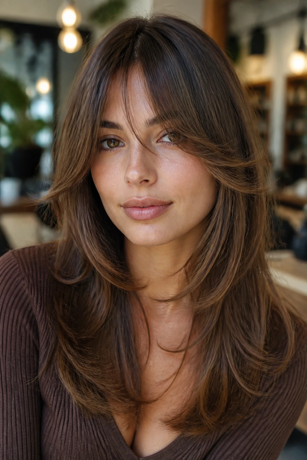 Portrait of a woman with fringe blending into cheekbone-length layers.