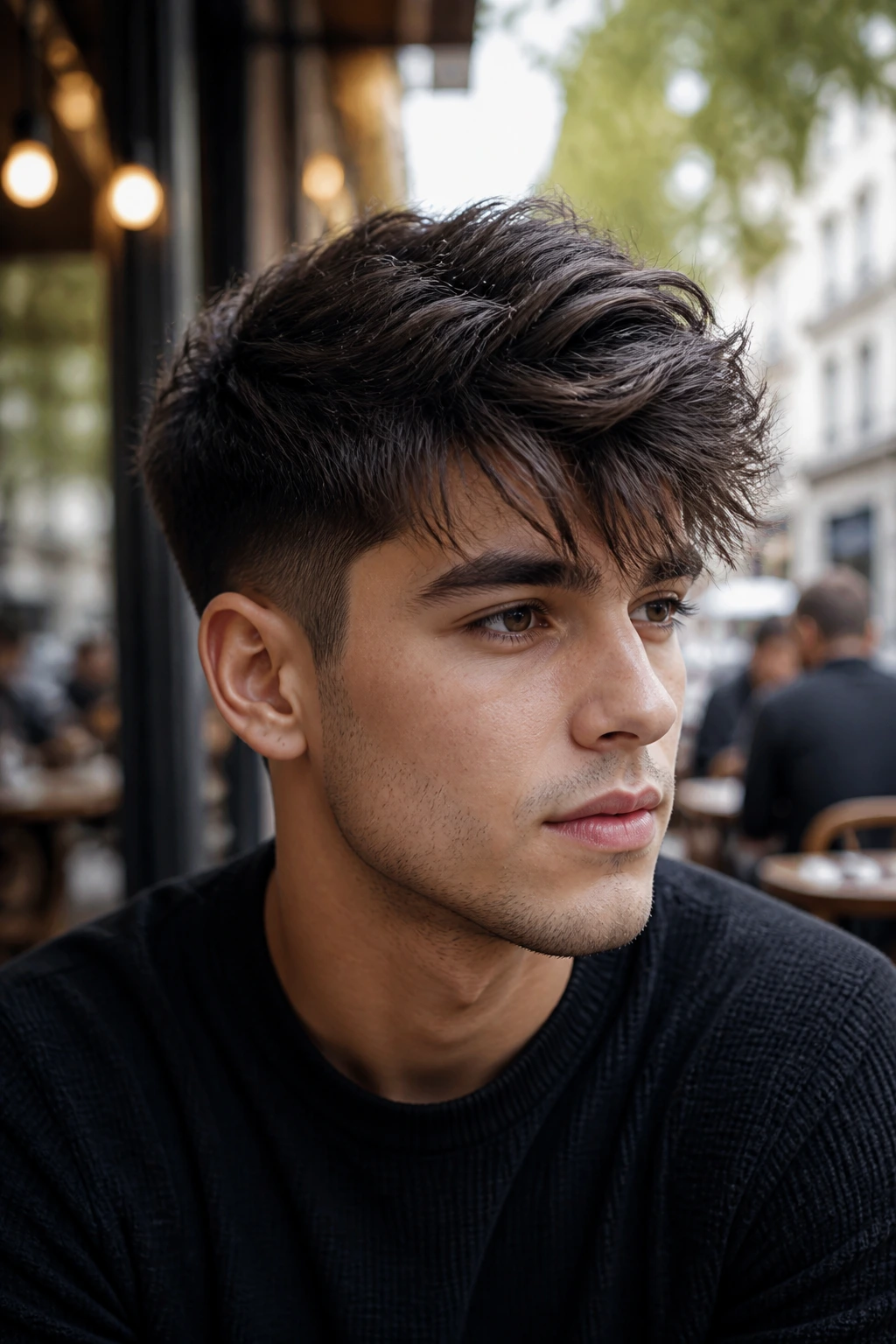 Man with fringe-blend quiff with long fringe and lifted center