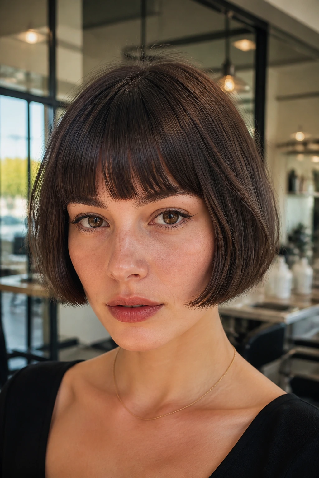 Close-up of a real woman with a French bob and clean fringe