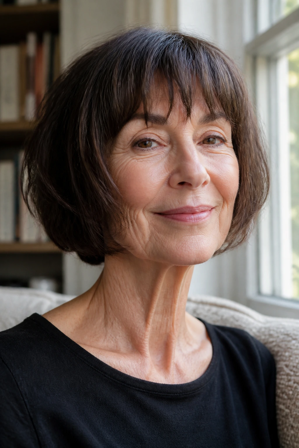 Close-up portrait of a real woman with fringe bob, cheekbone framing, warm window light