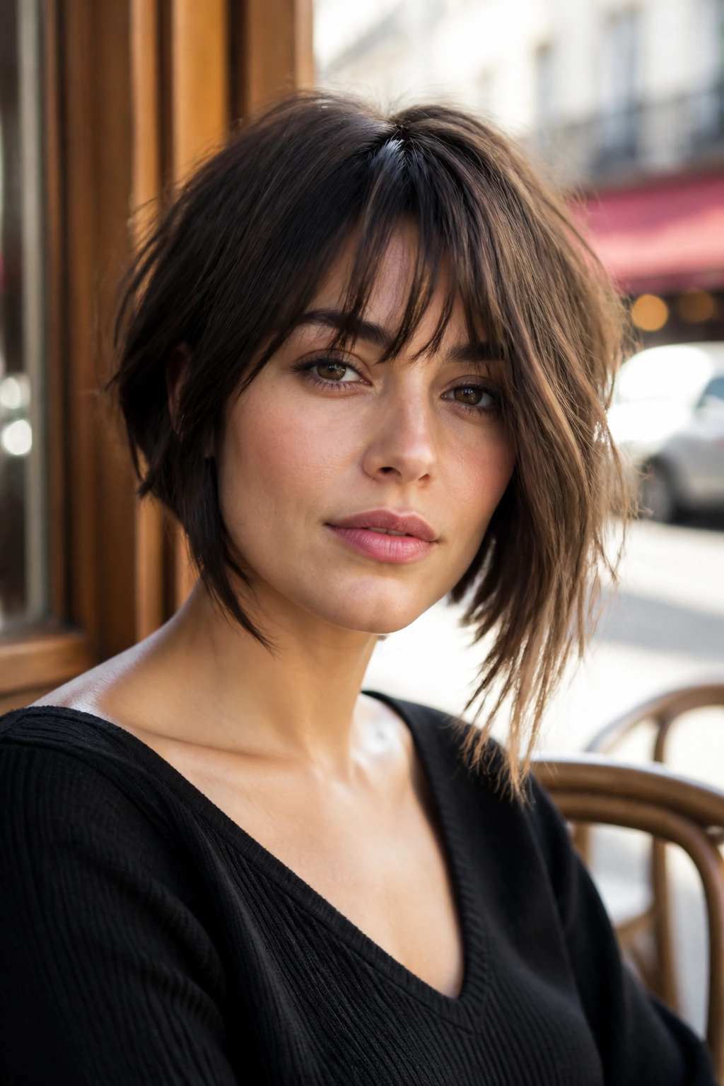 Close-up portrait of a real woman with jaw-length French-inspired bob and piecey fringe, cafe window background