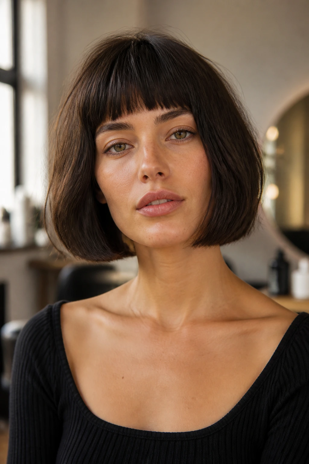 Close-up portrait of a real woman with a French bob fringe, jaw-length bob and straight fringe