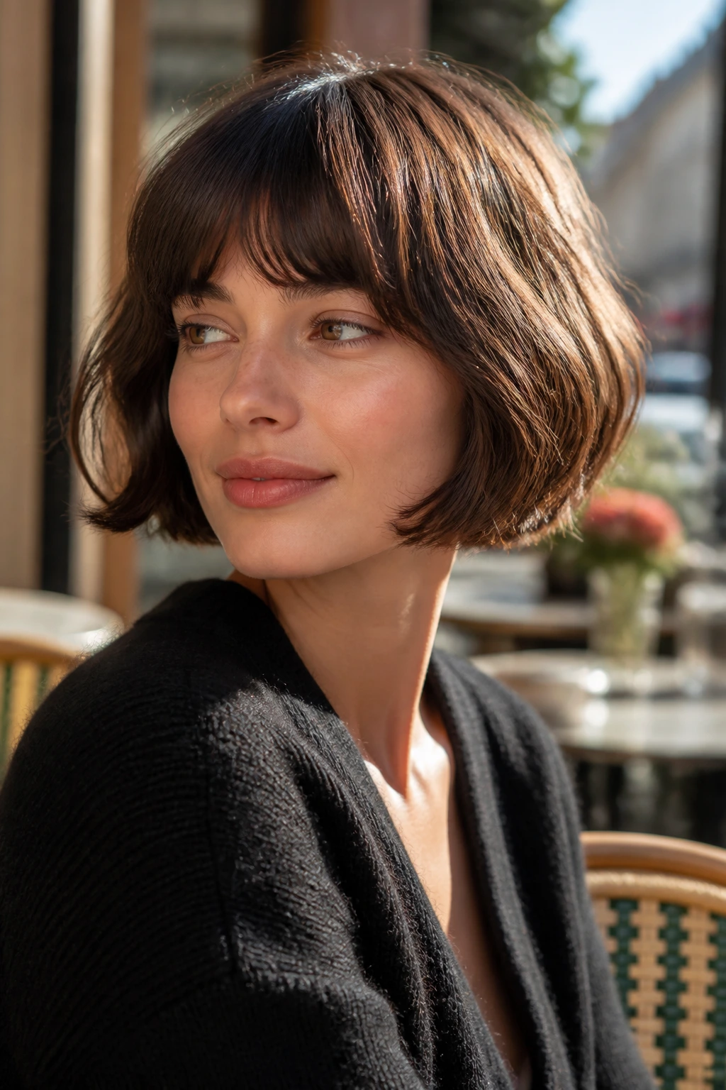 Real woman with a French bob and soft fringe in golden hour light