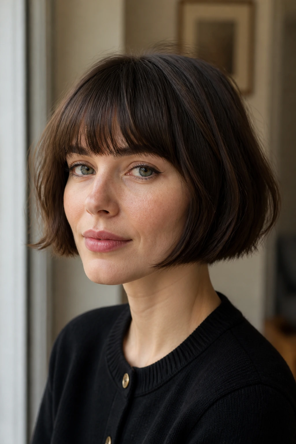 Close-up of a real woman wearing a brow-skimming fringe French bob