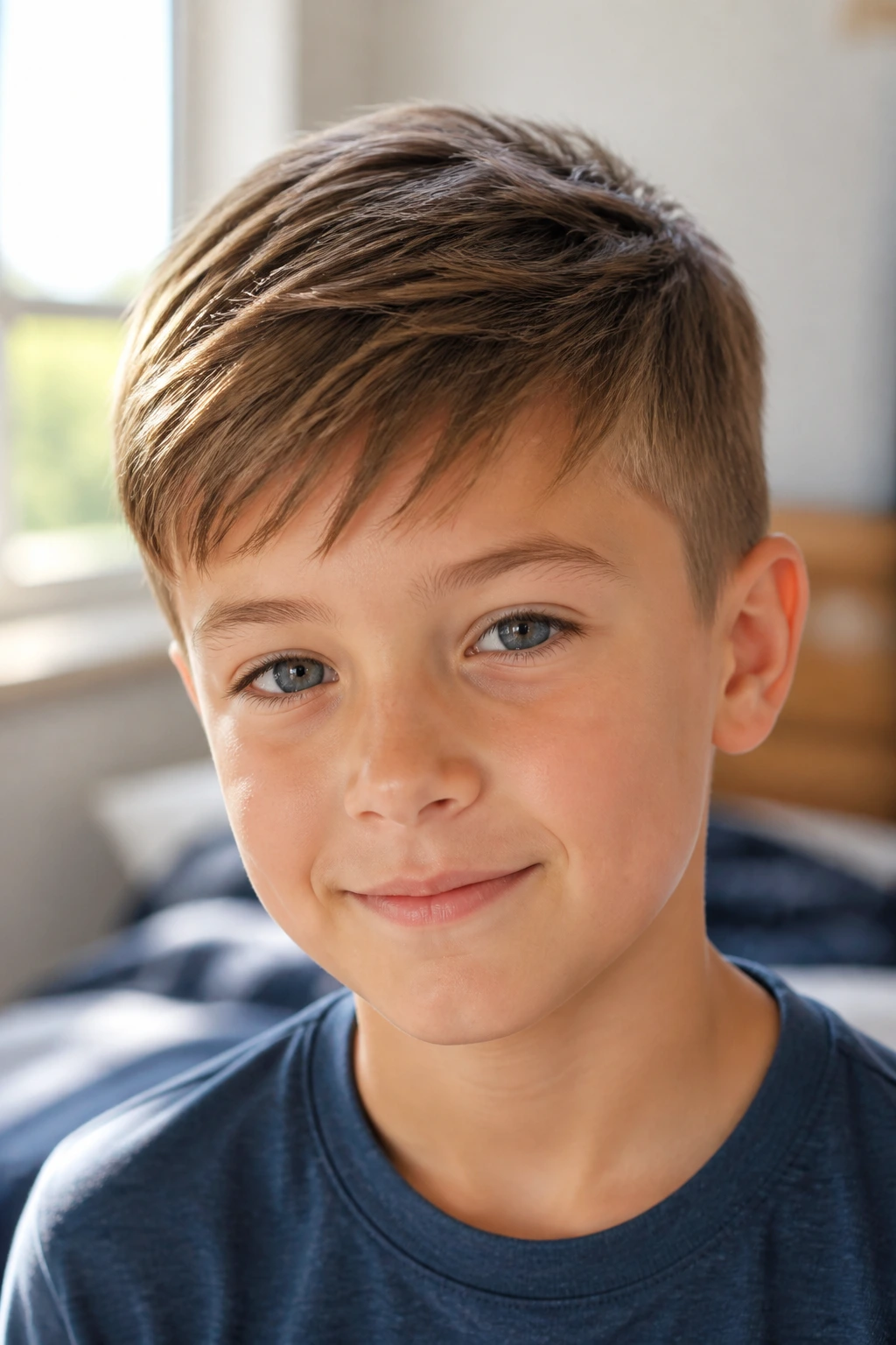 Close-up portrait of a real boy with brushed-forward fringe in natural light