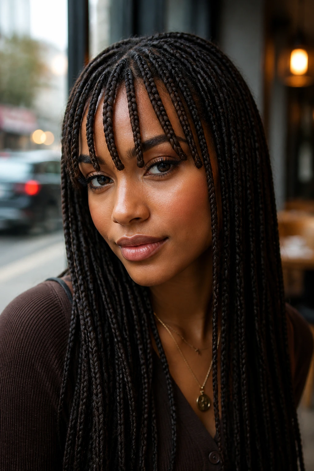 Portrait of a person with heavy fringe braids along the forehead