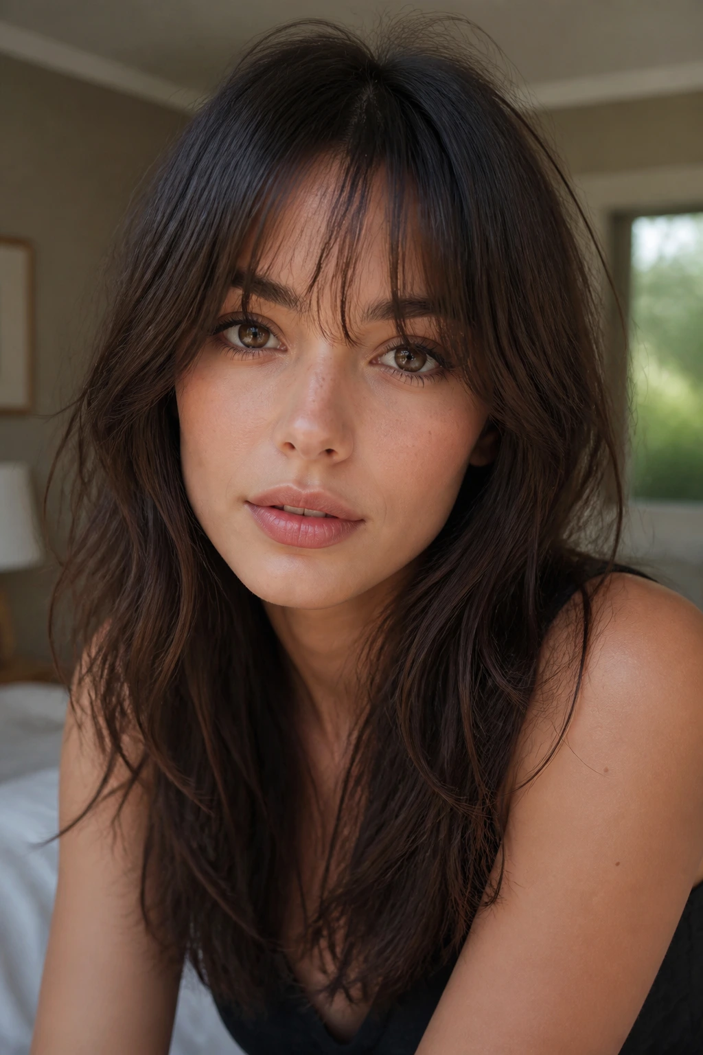 Close-up of a real woman with broken-ended French-girl fringe under the brows in natural window light.