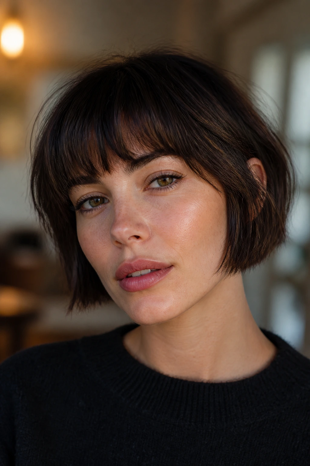 Choppy French Bob with Brow-Skimming Bangs on a real person