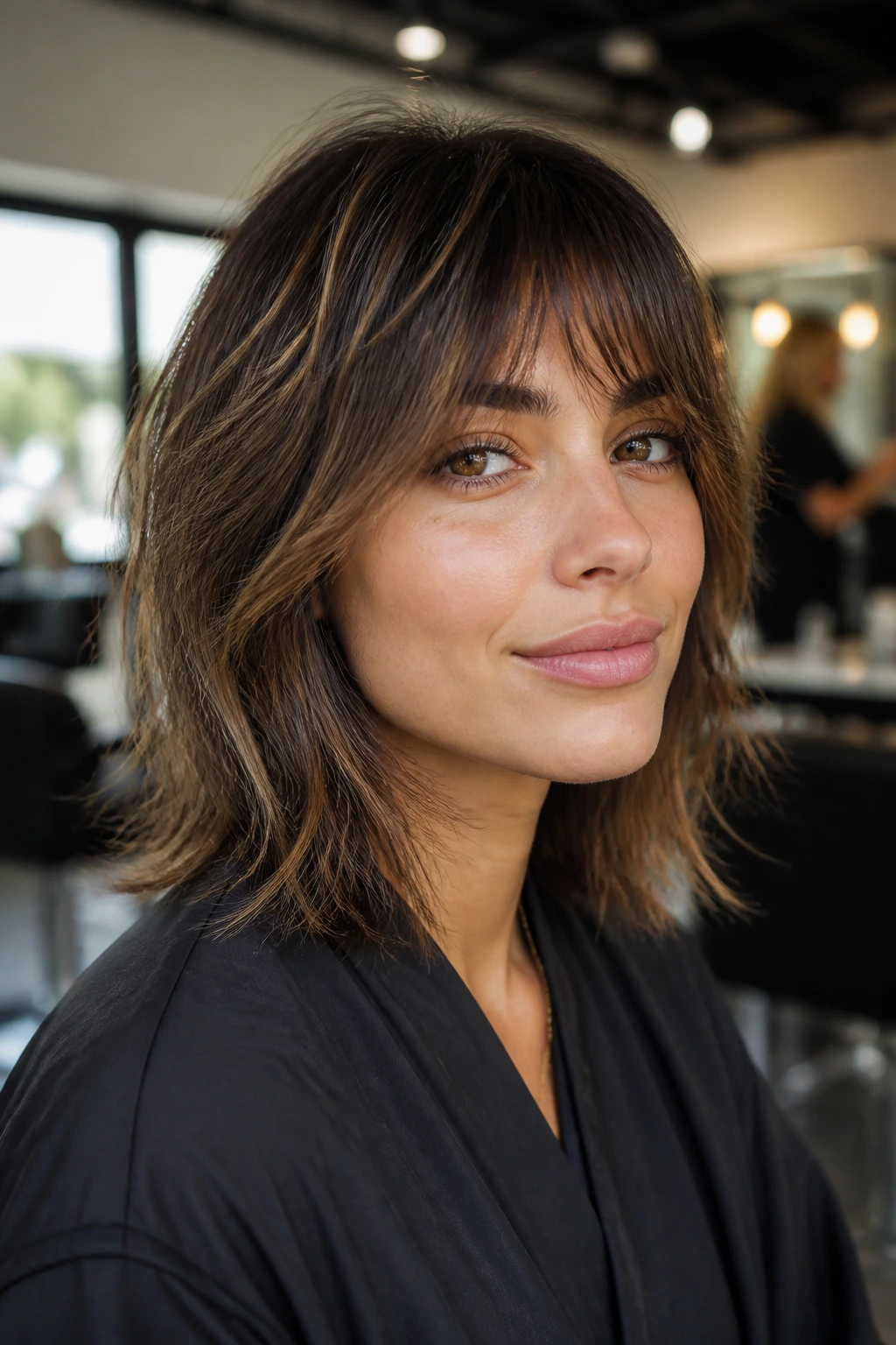 Close-up portrait of a real woman with a choppy fringe showing movement and fullness