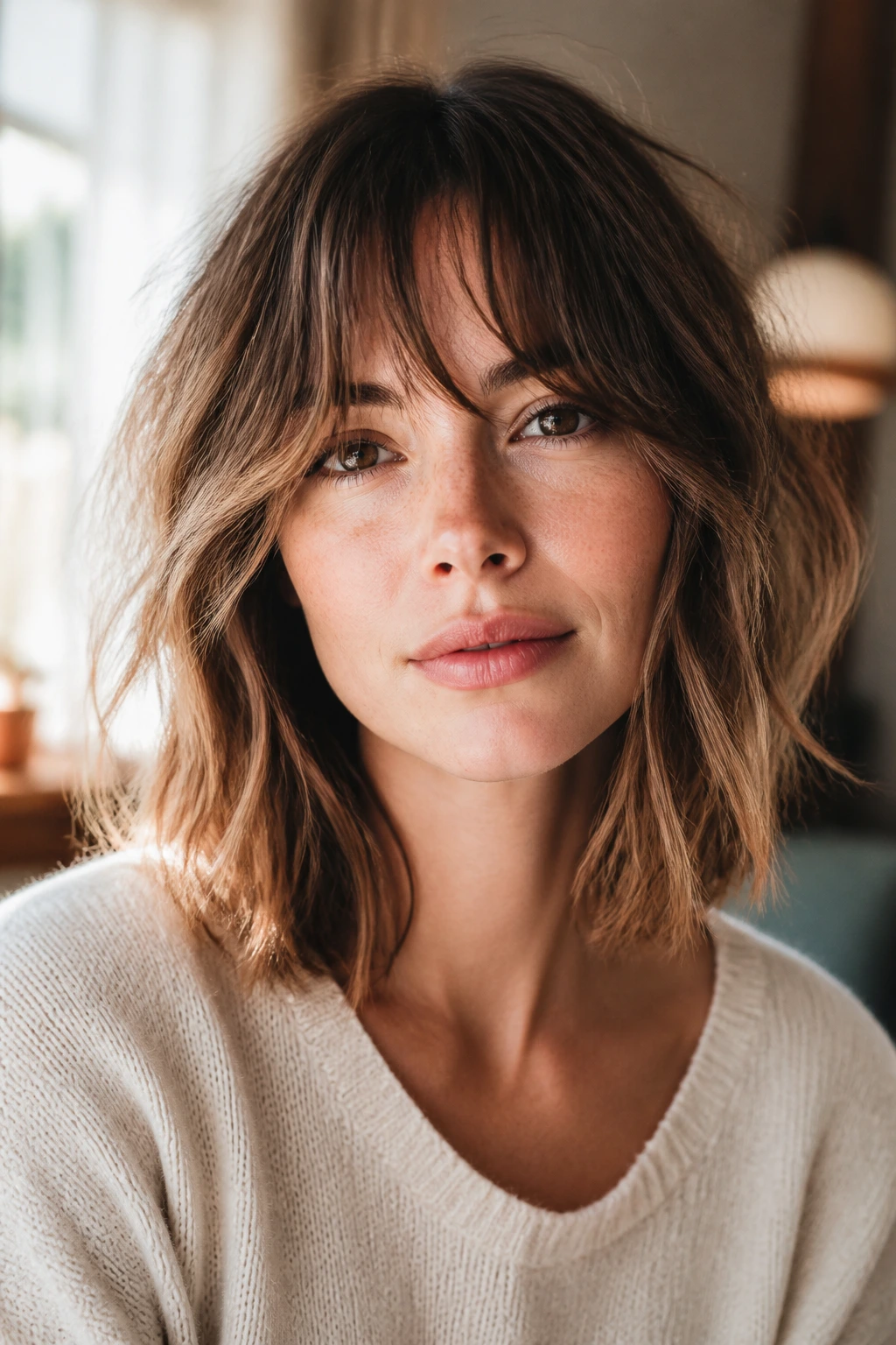 Close up of a real woman with tousled fringe and choppy midi cut in natural light