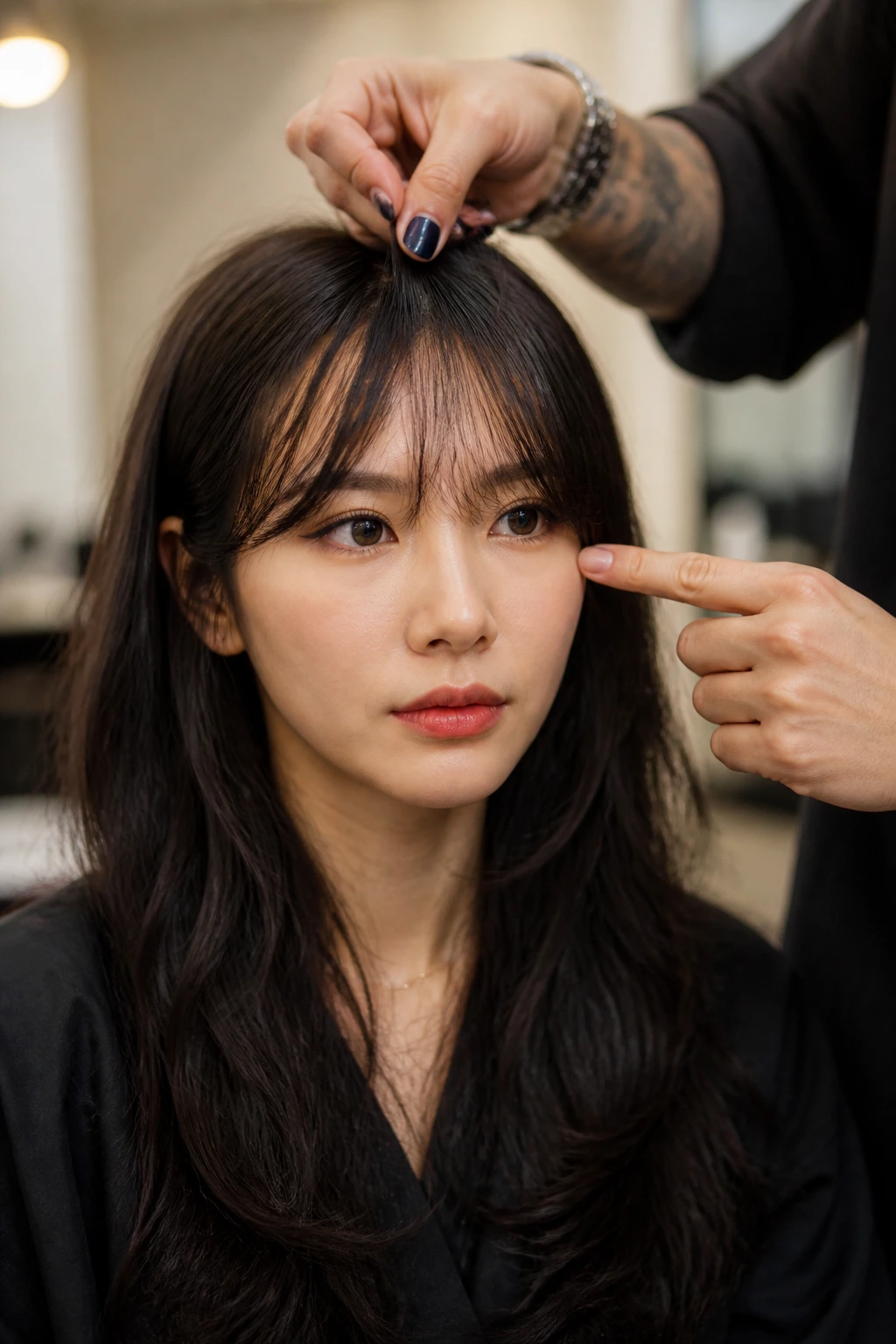 Close-up of a woman's fringe area in a softly lit setting, ready for fringe cut consultation