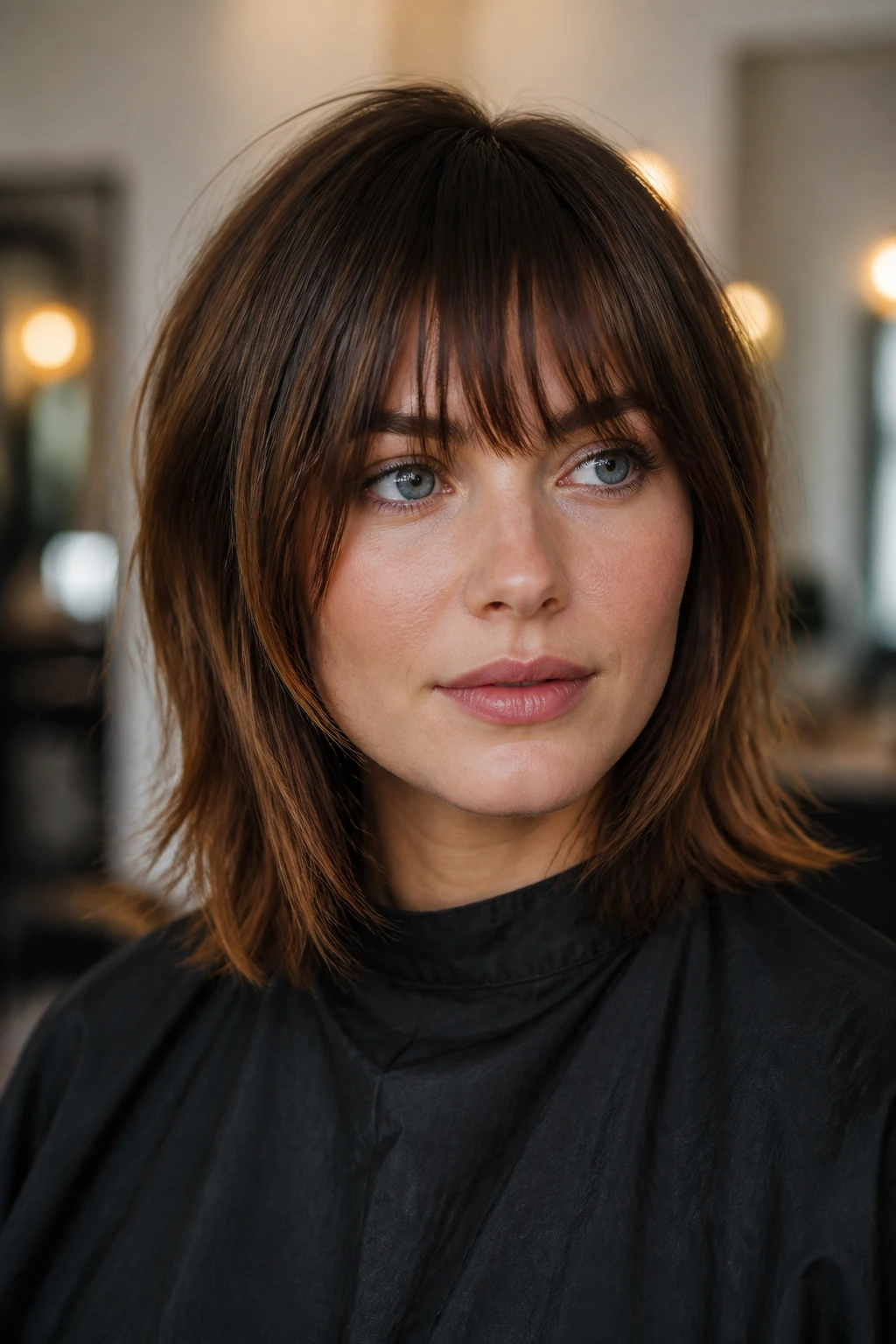 Close-up of a real person with fringe in a salon setting