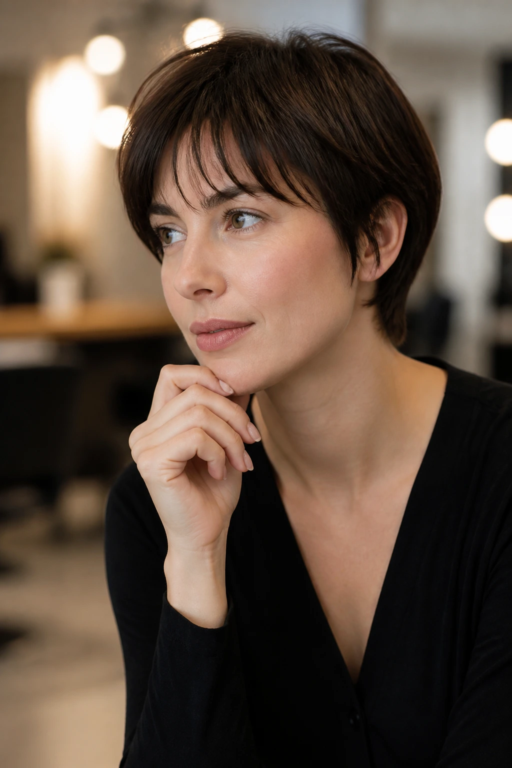 Portrait of a person considering questions for a haircut in a salon