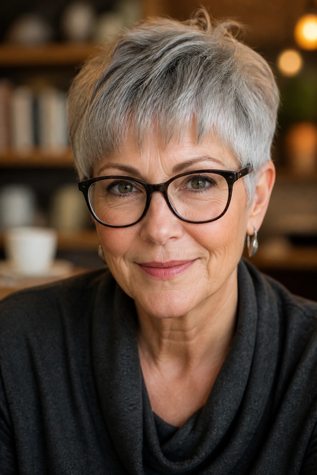 Portrait of a real woman with fringe crop worn with glasses.