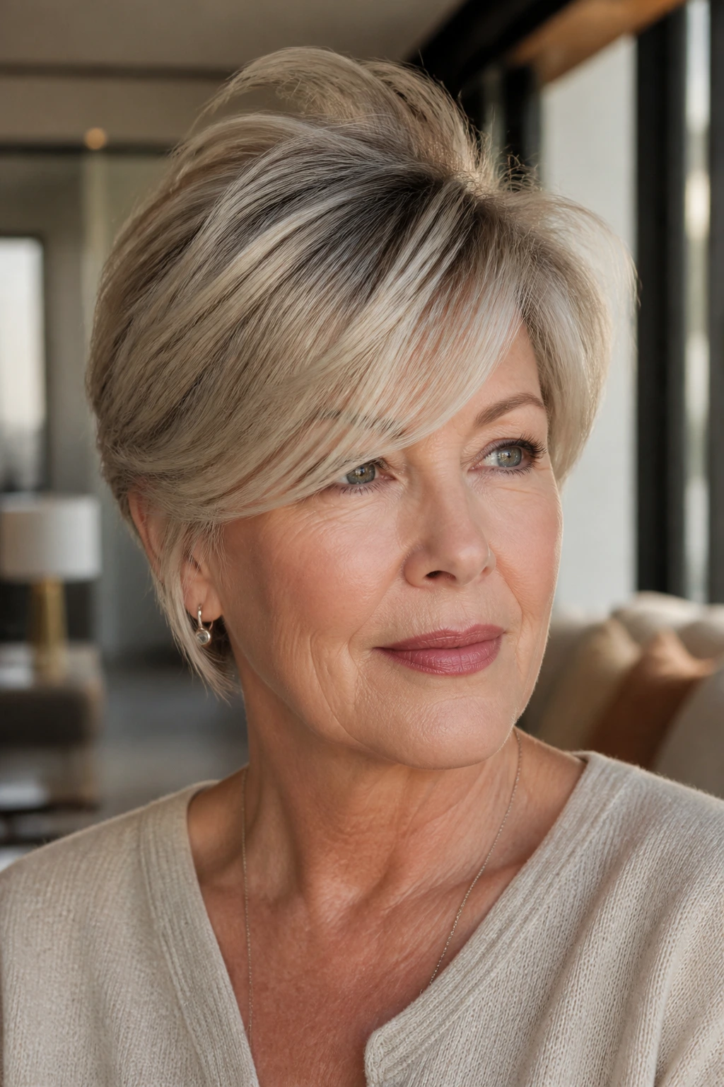Portrait of a woman with a sweeping fringe and crown lift showing volume at the crown.