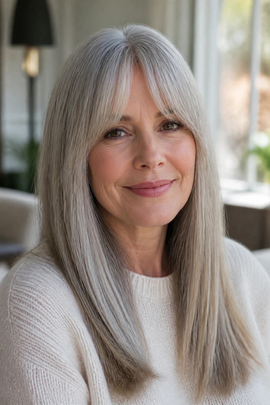 Portrait of long straight hair with curtain bangs as a versatile adaptation