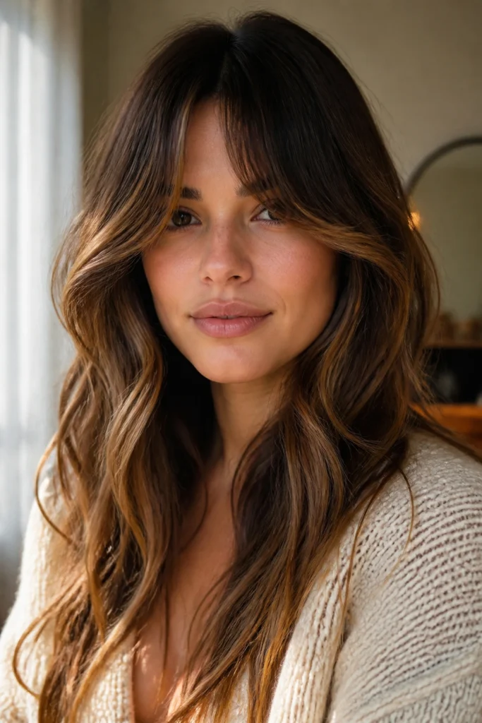 28 Long Hairstyles With Bangs for Round Faces
