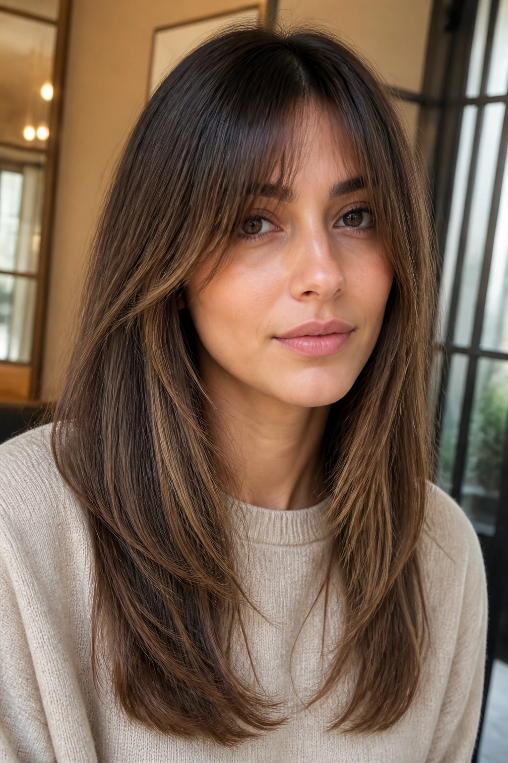 Portrait of a person with fringe-forward curtain bangs in straight layered hair
