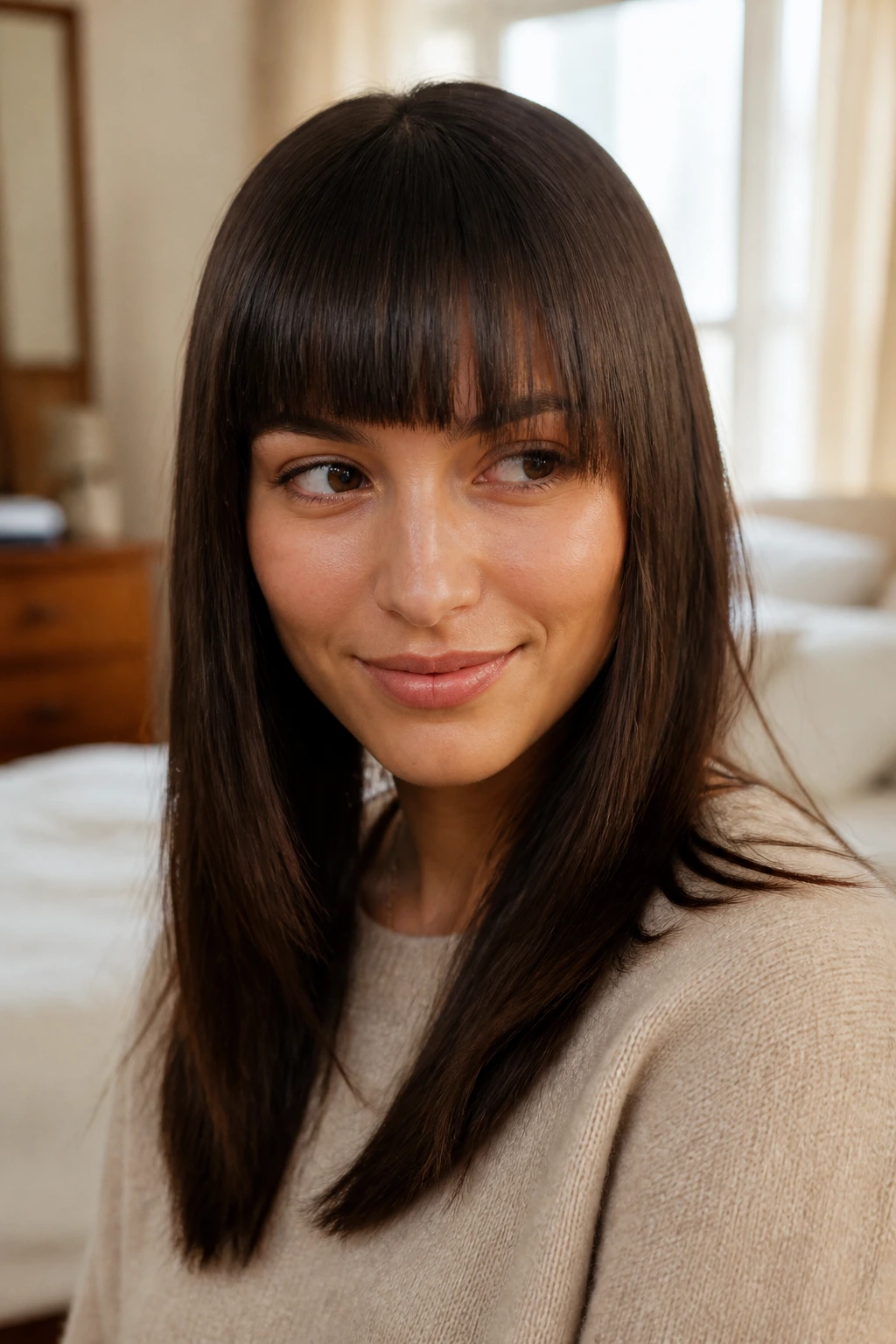 Close-up of a real woman's bangs showing a blunt fringe and a textured fringe for structure and movement