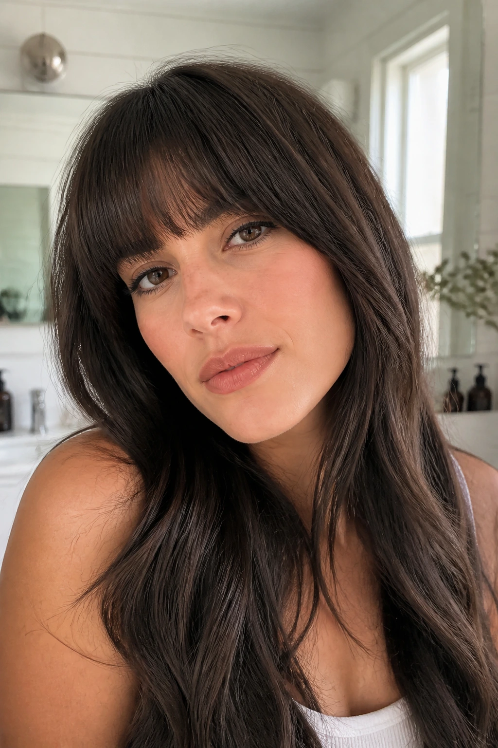 Portrait of a person with well-shaped thick bangs and subtle texture.