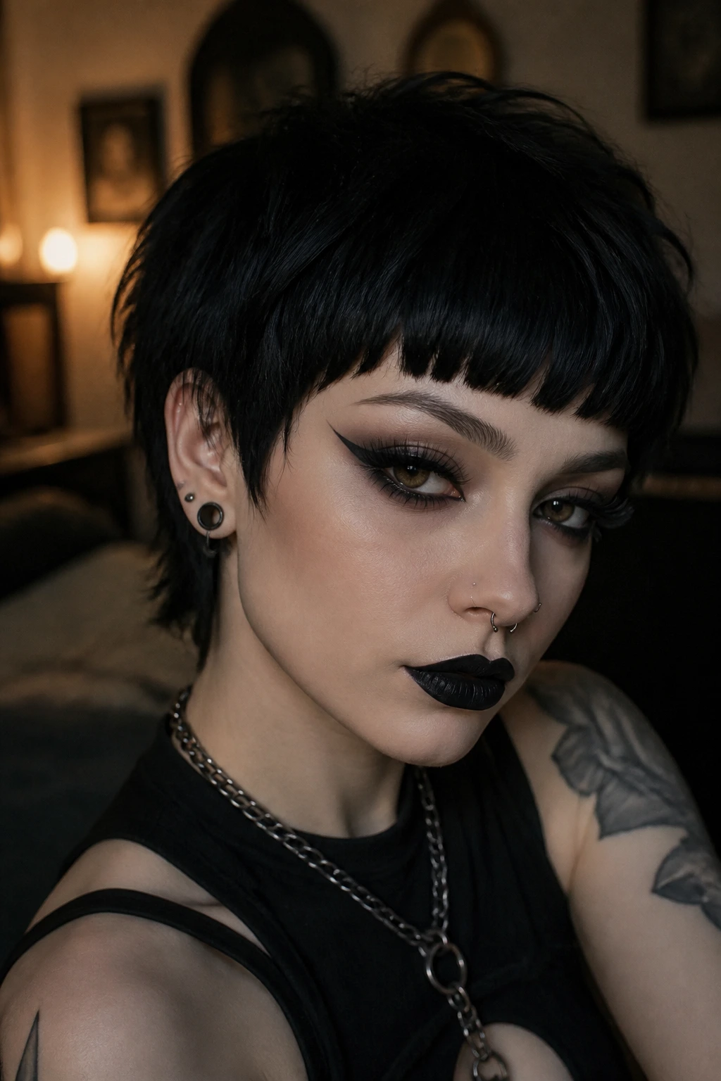 Close-up of a real person showing how fringe defines the overall goth cut.