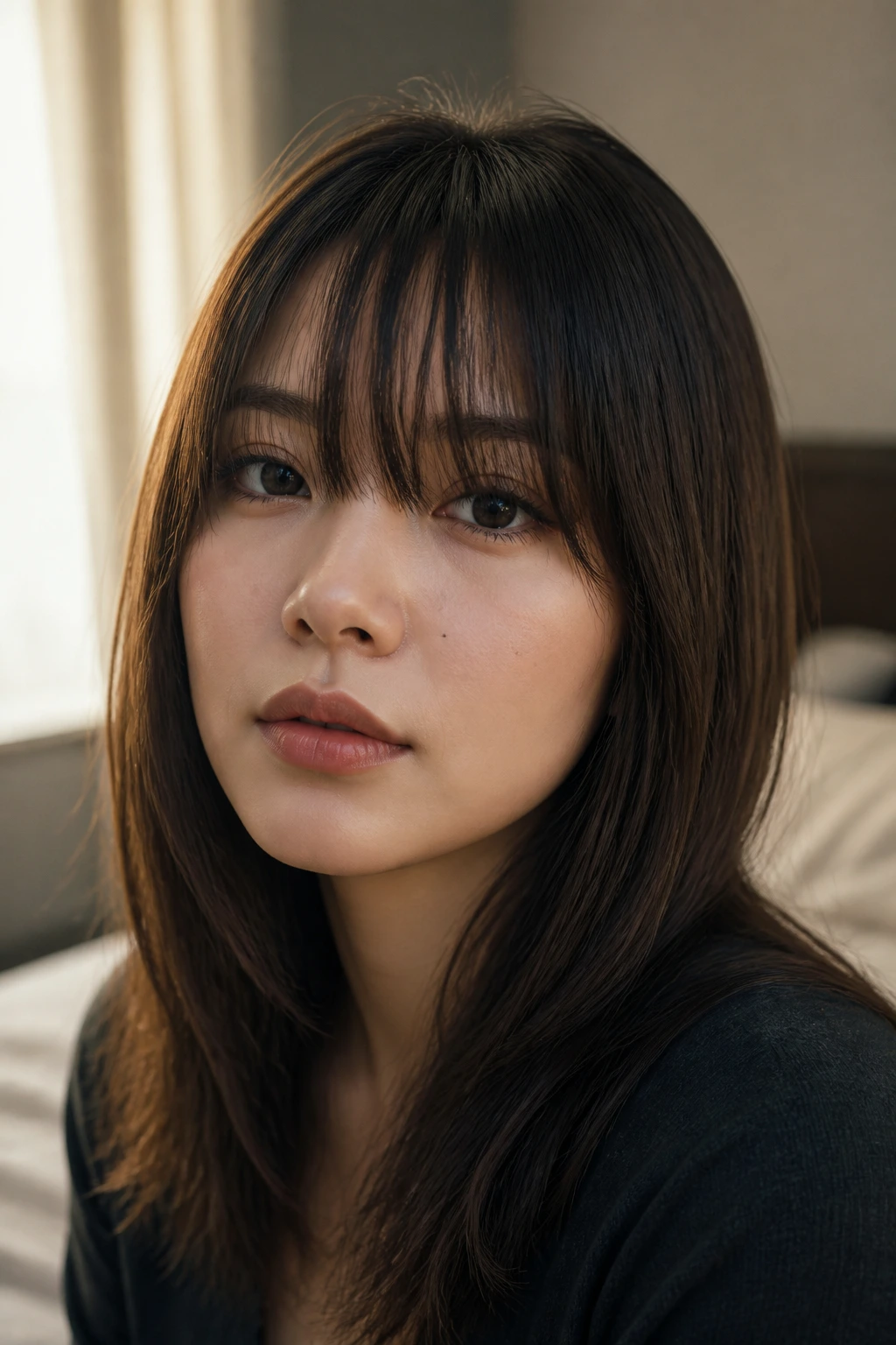 Close-up portrait of a woman with a fringe-focused straight hair look in a softly lit bedroom