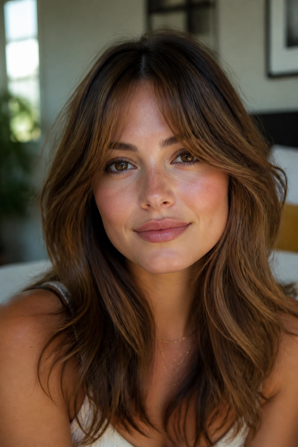Close-up portrait of a real woman with a long sweep fringe framing a round face in natural window light