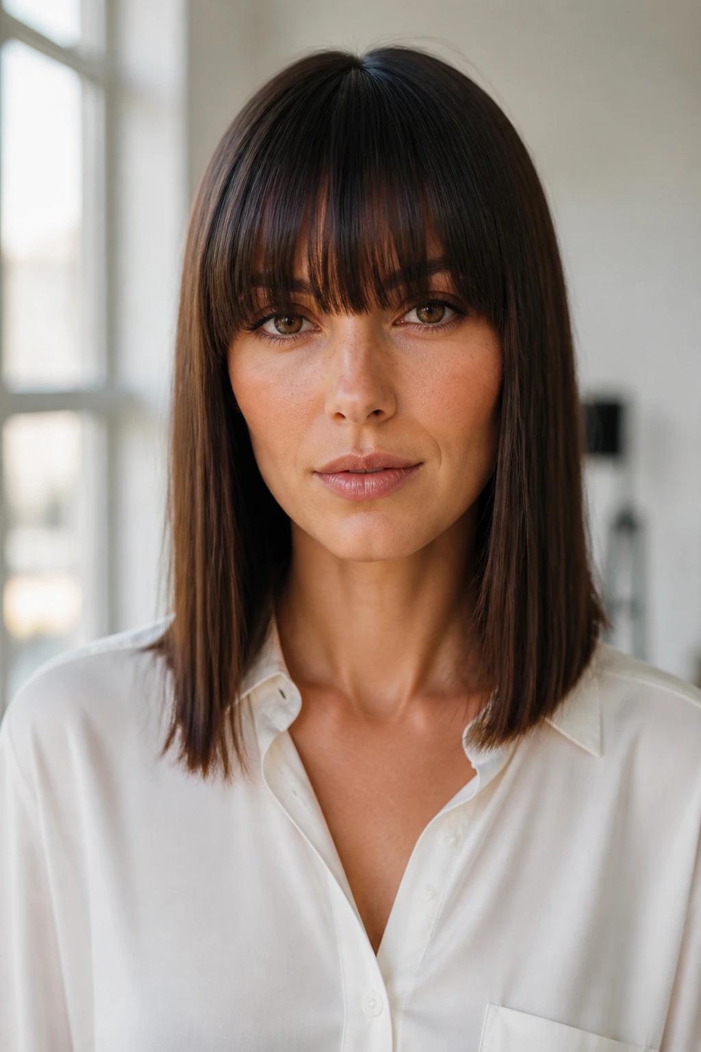 Portrait of a person with fringe coordinated with outfit to suit face shape