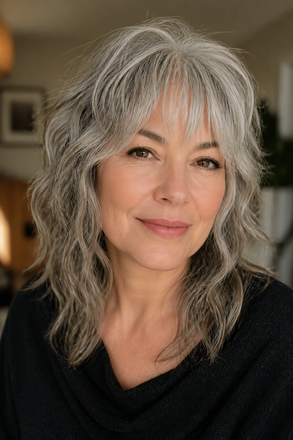 Close-up portrait of a real woman with gray shag showing fringe and face framing