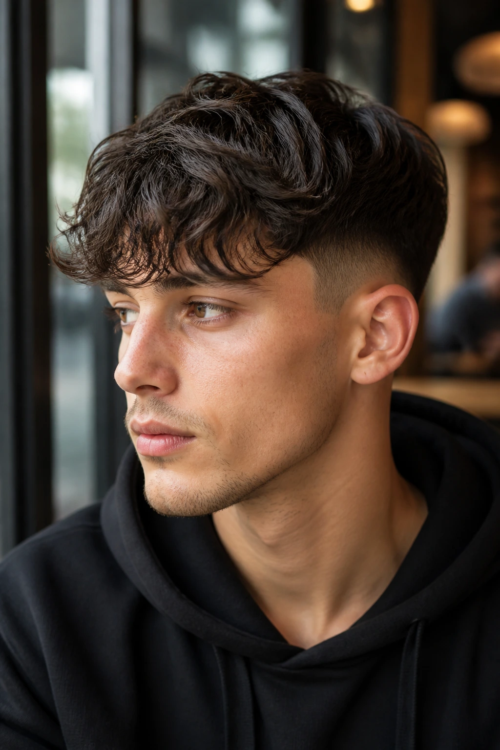 Portrait of a man with wavy fringe and taper fade in a cafe setting
