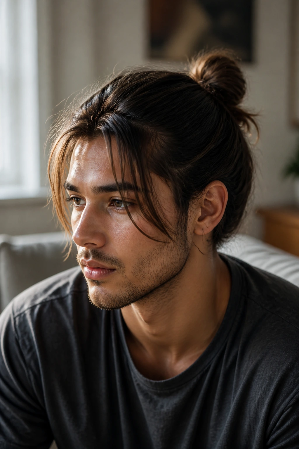 Close-up portrait of a real man with fringe-fall top knot and loose front hair