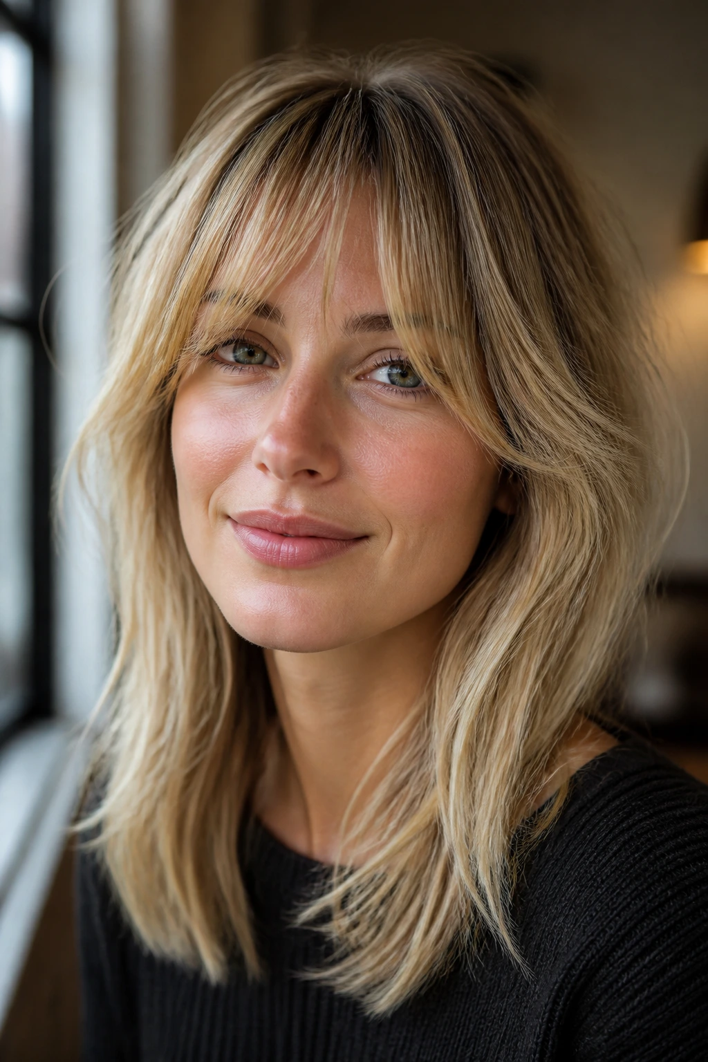 Close-up portrait of a real woman with an airy fringe suitable for fine hair