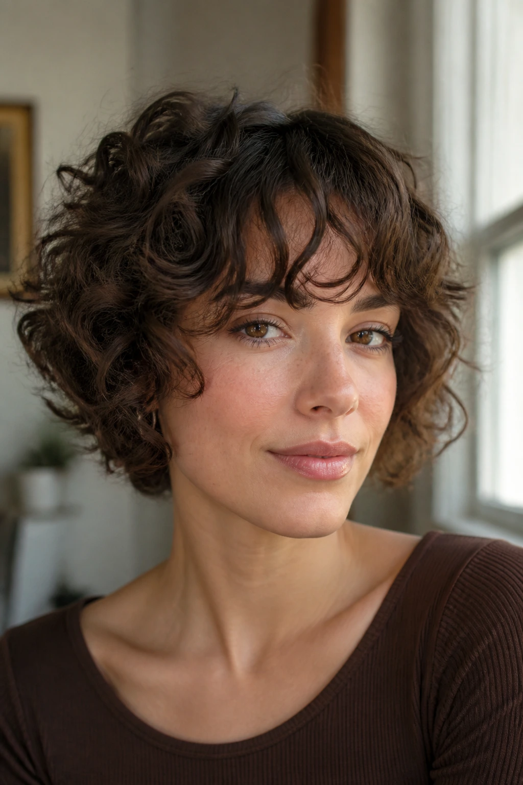 Portrait of a woman with fringe-first curly cut and curtain bangs