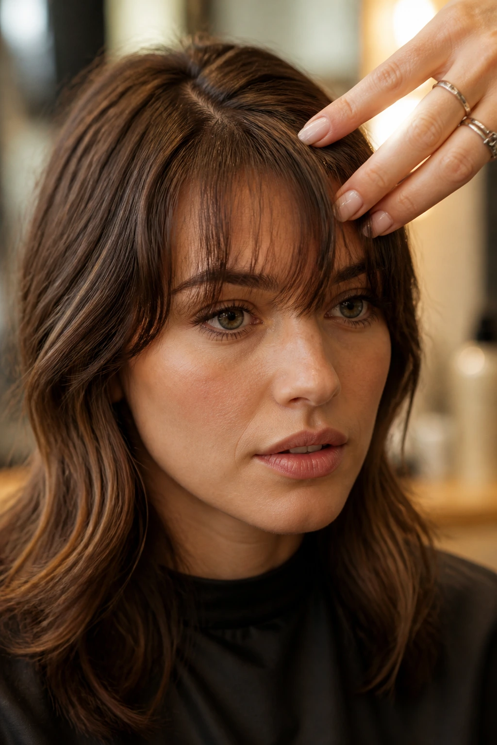 Close-up of a real person with fringe, ready for the first snip