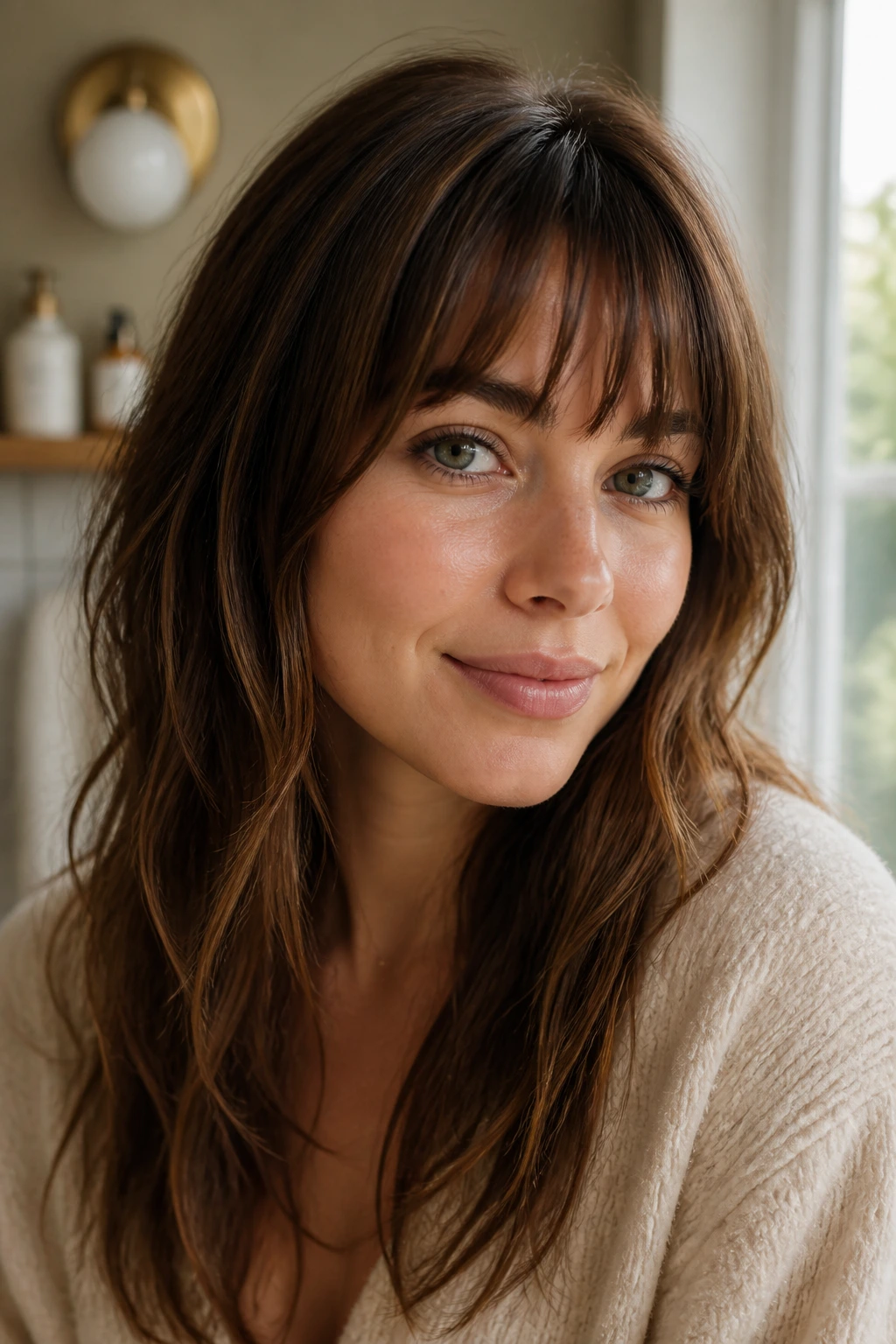 Woman with a flattering, face-framing fringe that fits her features