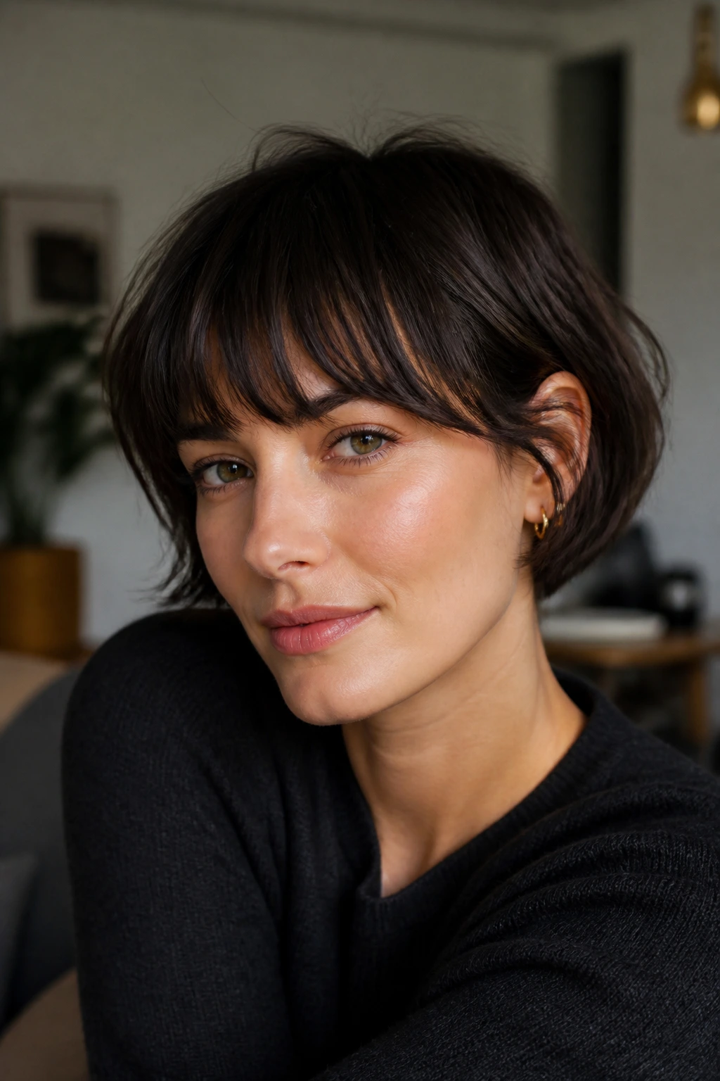 Real woman wearing fringe that perfectly fits the cut