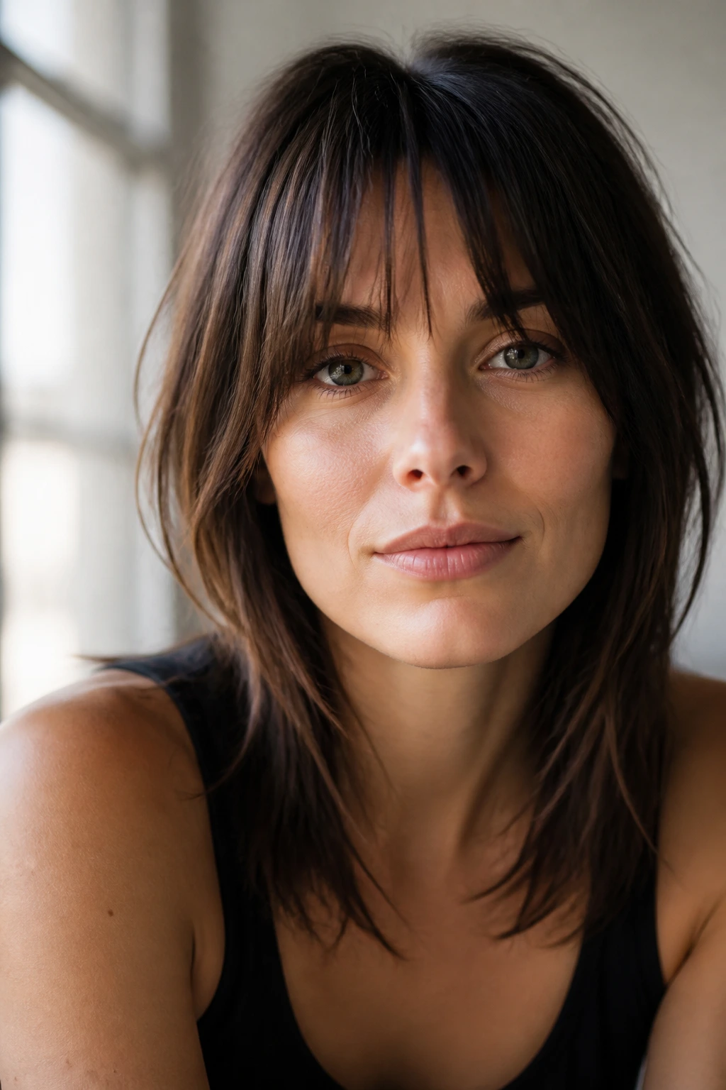 Close-up of a woman with cheekbone-length fringe flattering an oval face