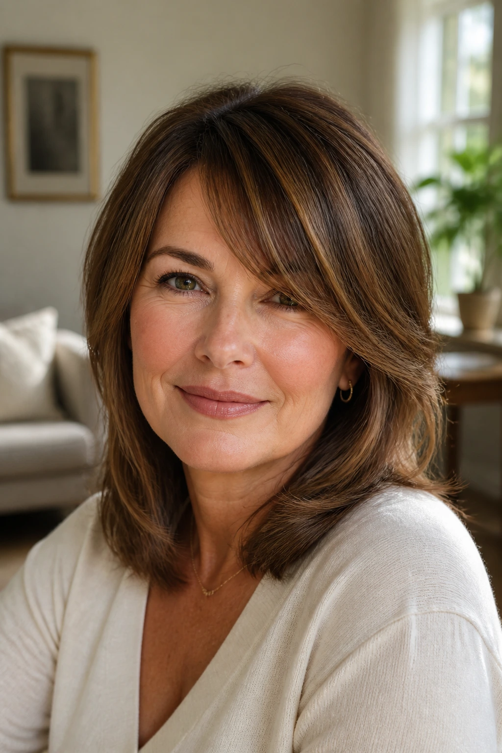 Close-up of a real woman with cheekbone-length diagonal fringe