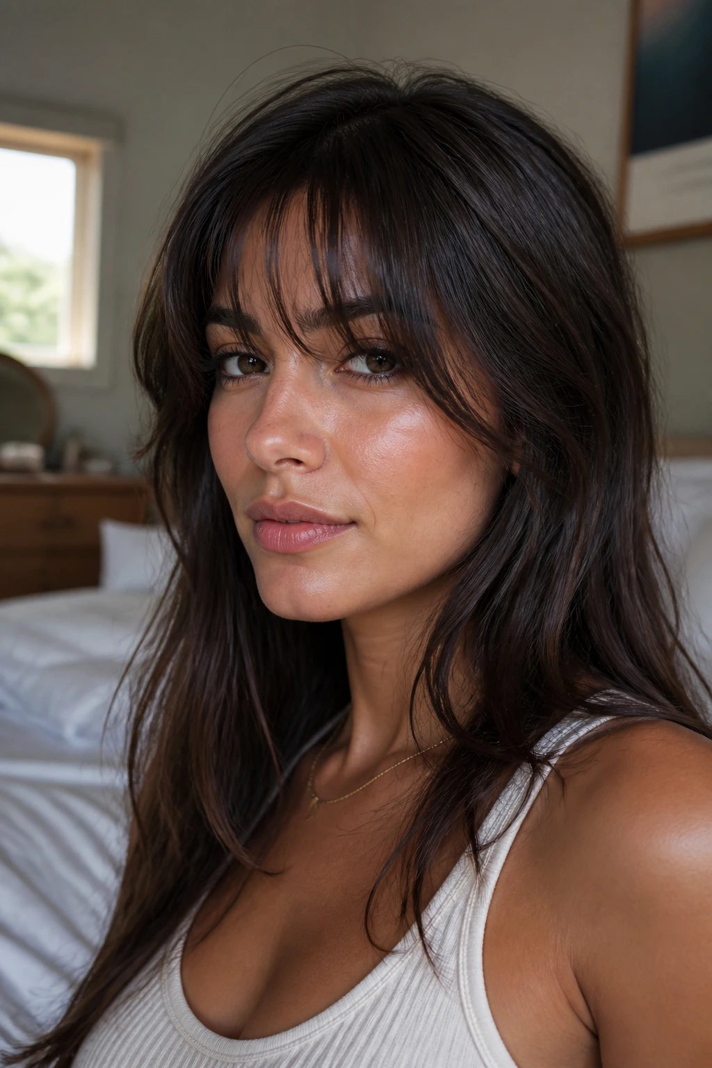 Close-up of a real woman wearing a fringe that fits, balanced with her part