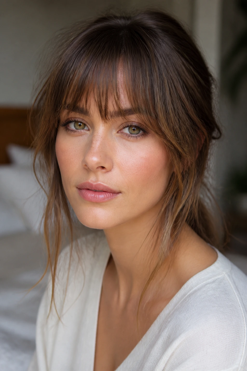 Close-up of a real woman with a flattering fringe framing her face in warm window light