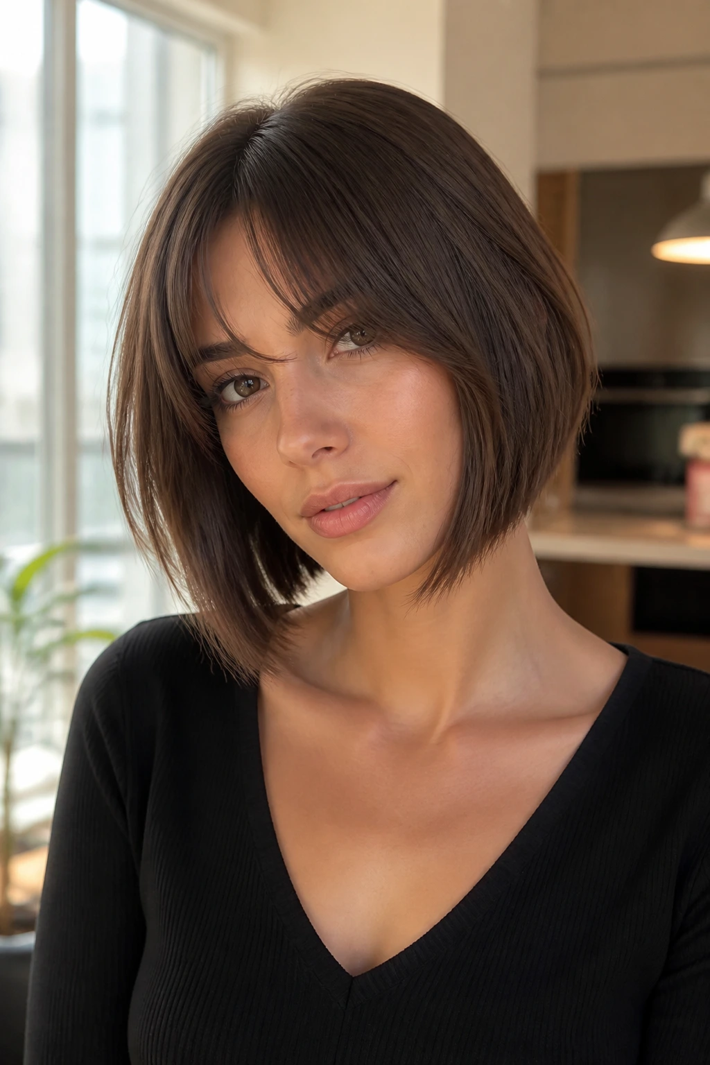 Portrait of real woman with fringe-forward angled bob in bright apartment light